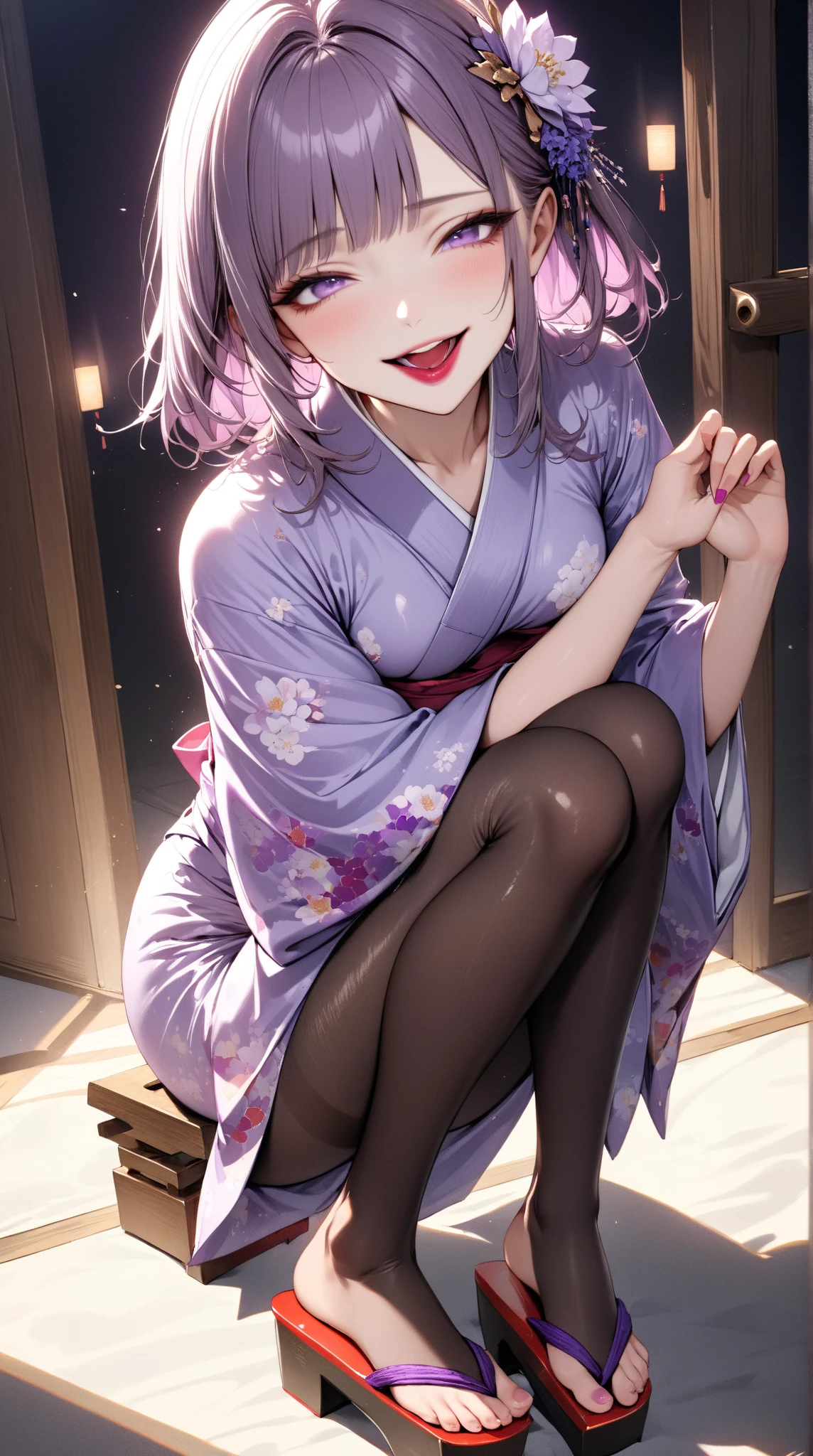  Young Beautiful Woman,(masterpiece:1.3, top quality :1.3, very detailed depiction:1.3, Incredibly Absurd Hi-Res),（Flower Girl Wearing A Japanese Style Yukata ）,(High-quality yukata, bodystocking ,geta),(Purple Eyes,, Half Closed Eyes, is opening her mouth, bewitching smile, Glossy Lipstick,Beautiful legs, healthy legs,Seductive gestures), full body image :2.0, dramatic lighting , is bathed in the spotlight ,