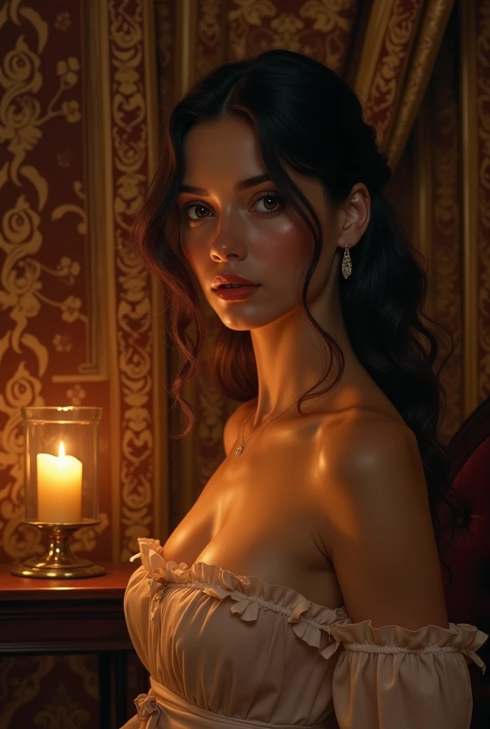 a very cute afafed brunette woman with large messy hair bun on top of her head is in a dark castle, she is , she has a seductive look on her face, she has very hard nipples, the scene is dark and scary, she has pink ribbons in her hair, she is holding a candle, there is an open fire in the back ground, she is wearing an ornate pink and purple low cut designer dress, her dress is very expensive and very lacy, she is very thin and has a very small chest, the lighting is dark, very realistic, high quality,