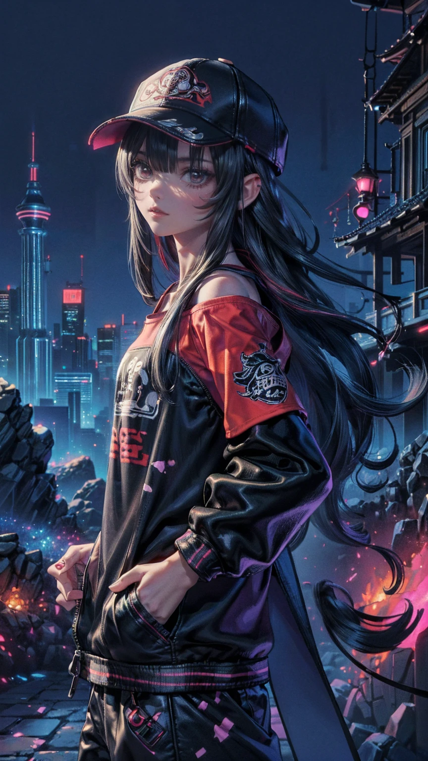  1 girl,Back Shadow Splatter,  Red Paint Splatter Sweatshirt(Very cute and beautiful adult woman with dark color ),face and neck tattoo ,  off-shoulder clothing , baseball cap,Jinshu Temple,Mysteries of Uncharted Territories , puts his hand in his pocket , Random Colorful Long Hair , shoulder-length hair , dark eyes,Game Scene Graph, Rainy city background