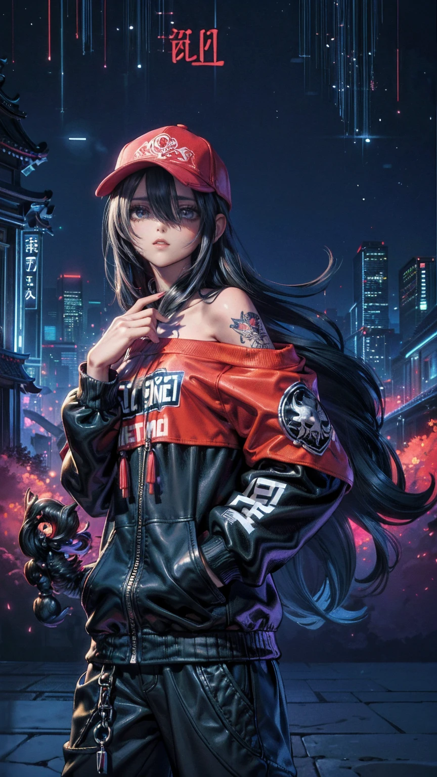  1 girl,Back Shadow Splatter,  Red Paint Splatter Sweatshirt(Very cute and beautiful adult woman with dark color ),face and neck tattoo ,  off-shoulder clothing , baseball cap,Jinshu Temple,Mysteries of Uncharted Territories , puts his hand in his pocket , Random Colorful Long Hair , shoulder-length hair , dark eyes,Game Scene Graph, Rainy city background