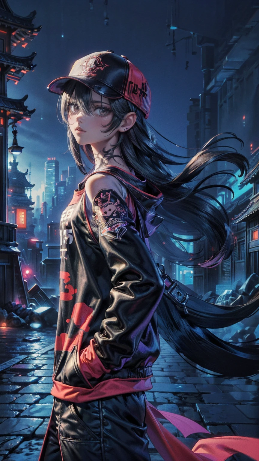  1 girl,Back Shadow Splatter,  Red Paint Splatter Sweatshirt(Very cute and beautiful adult woman with dark color ),face and neck tattoo ,  off-shoulder clothing , baseball cap,Jinshu Temple,Mysteries of Uncharted Territories , puts his hand in his pocket , Random Colorful Long Hair , shoulder-length hair , dark eyes,Game Scene Graph, Rainy city background