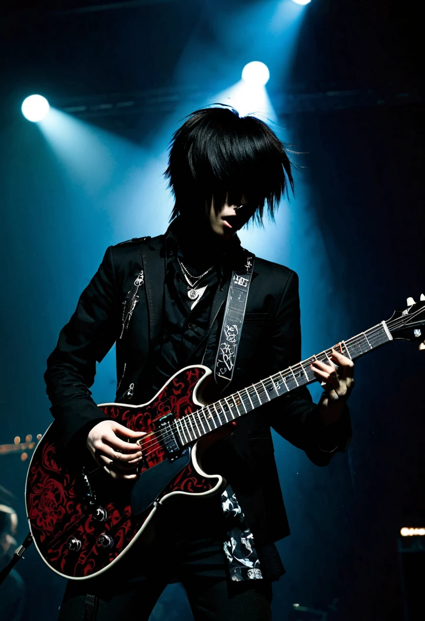 (masterpiece, best quality),(multiple exposure silhouette: 1.2), (cool boy:1.5),20yo,(tattoo:1.1),men's jacket,
black shirts,(devil fangs:1.1),
visual kei,male,vocal,(holding_guitar:1.4),
background is live music house,
dark atmosphere,