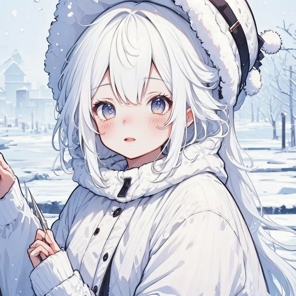 ( high definition ), ( Ultra Details), (masterpiece), ( top quality ), (sharp fTHEcus), ( Cinematic Writing), (vibrant cTHElTHErs),   ChibiPF,  1 girl, white backgrTHEund, Winter hat , lTHEng white hair, :THE,