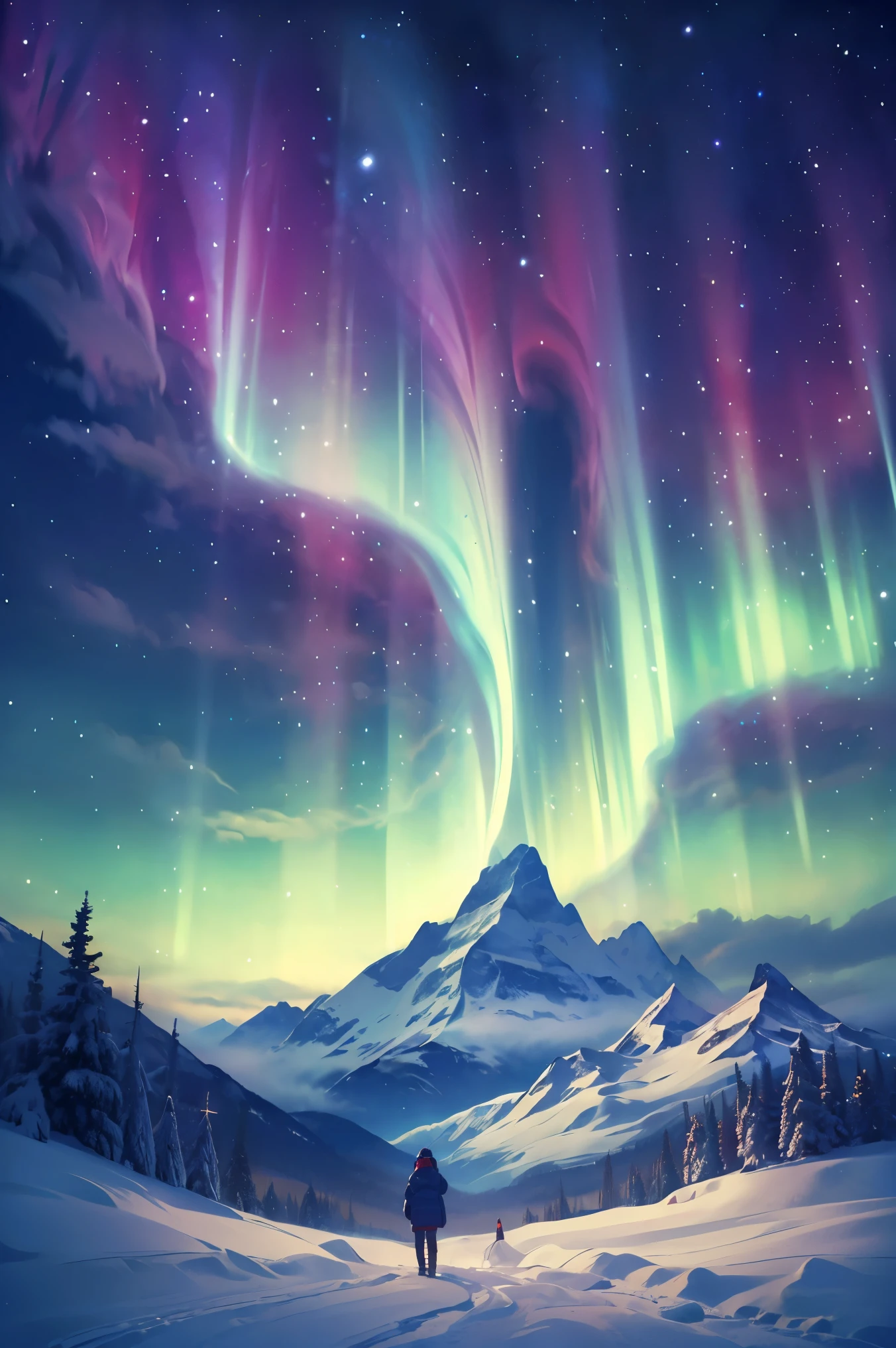 (((Best quality, 8k, Masterpiece: 1.3)), ((best quality)), ((masterpiece)), (detailed), perfect face, perfect body, (detailed skin:1.3), (intricate details), A 20-something French woman enjoying a trip to the Nordic regions, standing under a breathtaking aurora borealis in the night sky. She has shoulder-length dark hair and is wearing a stylish winter outfit, including a warm parka, scarf, and gloves, perfect for the chilly Arctic weather. The vibrant green and purple colors of the aurora illuminate the snow-covered landscape, creating a dreamlike and magical atmosphere. She looks upward in awe, her face softly lit by the shimmering lights. The scene includes a snowy expanse, distant mountains, and a small wooden cabin glowing faintly in the background, adding a cozy touch to the vast wilderness