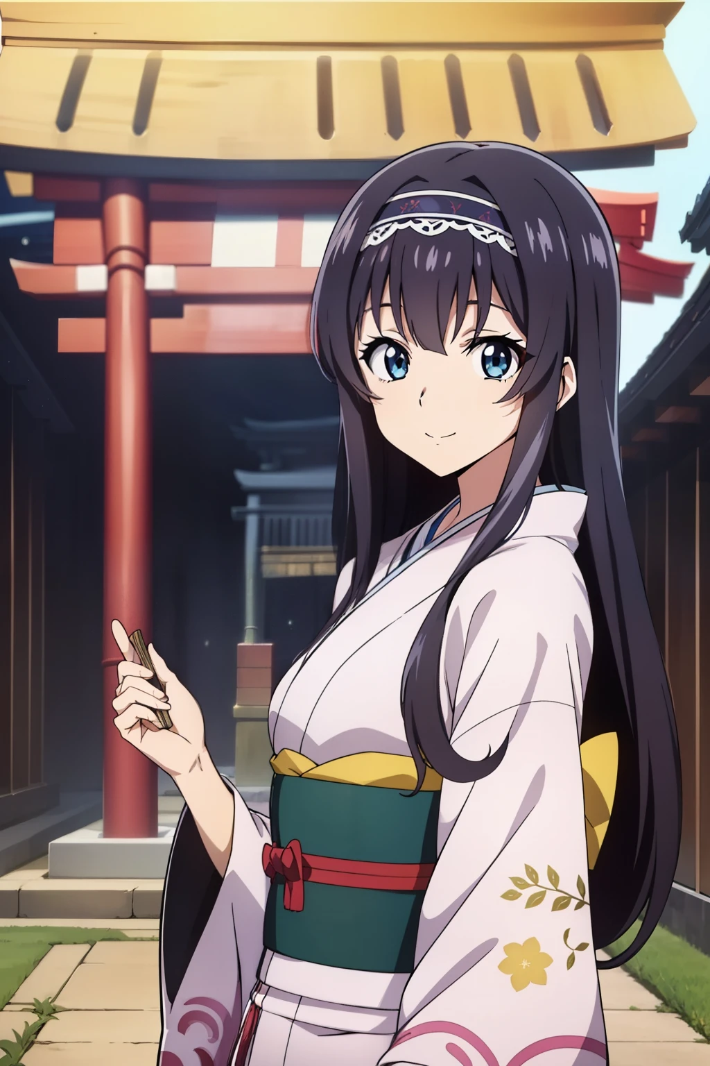 from side, 1 girl, cute, black hair, (hair band), masterpiece, (smile), (kimono with a gorgeous pattern), ((At a New Year's shrine)), (anime cels style, Masterpiece, best quality, high resolution, anime colored, megami magazine:1.2, anime poster style, anime keyvisual, sharp, 8k, photorealistic), beautiful eyes, cowboy shot