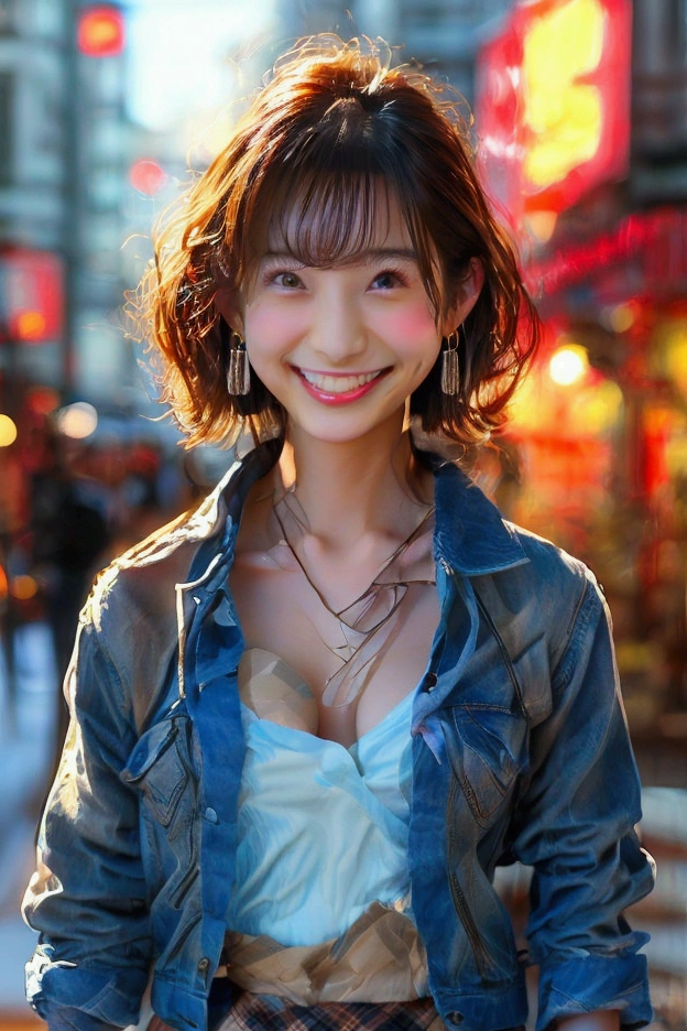 Actress Fukada Kyoko has a 、Brown boots 、 brown plaid miniskirt、 denim jacket、 earrings for women with first name、 she has big breasts、  in the city 、smile