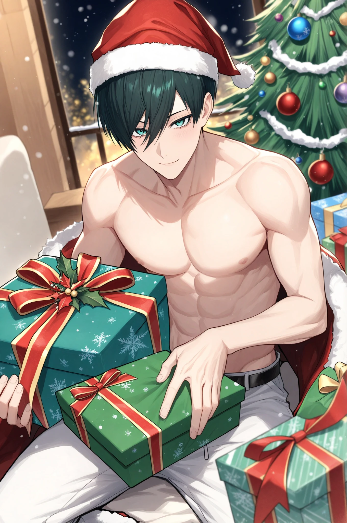 A man in red underwear sits on a bed next to a Christmas tree, V in Devil May Cry plays as an elf, A male elf, Handsome anime pose, Silas, Kanacheng, (SFW) Work, Sakimichan, Tall anime man with blue eyes, Shirtless :: High Detail