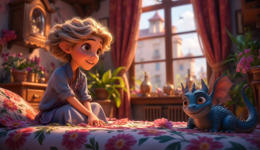 Ruth is a smiling 9 year old human girl, And her lovely friends, Short-legged blue cat, Lying in the garden