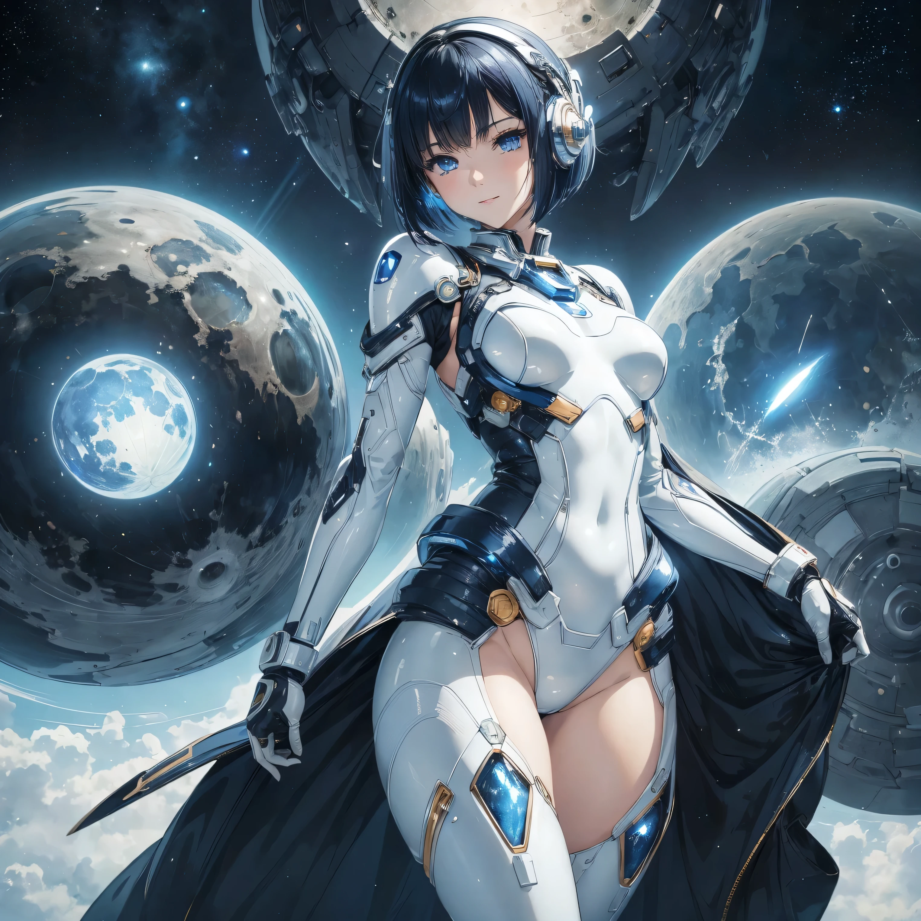 Highest quality,Highest Resolution,A beautiful android girl from the future who travels through space,Earth in the background,Milky Way,