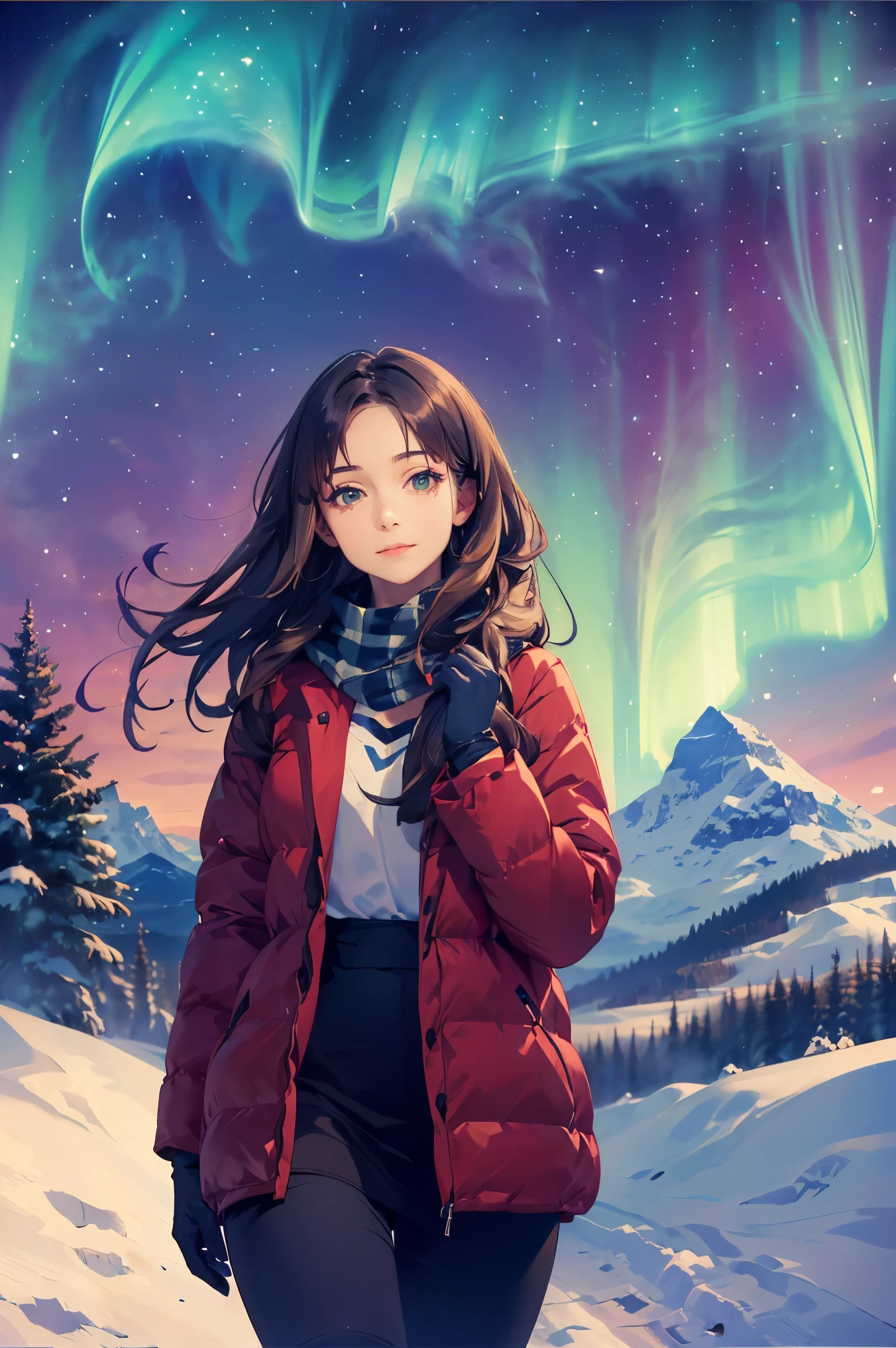 (((Best quality, 8k, Masterpiece: 1.3)), ((best quality)), ((masterpiece)), (detailed), perfect face, perfect body, (detailed skin:1.3), (intricate details), A 20-something French woman enjoying a trip to the Nordic regions, standing under a breathtaking aurora borealis in the night sky. She has shoulder-length dark hair and is wearing a stylish winter outfit, including a warm parka, scarf, and gloves, perfect for the chilly Arctic weather. The vibrant green and purple colors of the aurora illuminate the snow-covered landscape, creating a dreamlike and magical atmosphere. She looks upward in awe, her face softly lit by the shimmering lights. The scene includes a snowy expanse, distant mountains, and a small wooden cabin glowing faintly in the background, adding a cozy touch to the vast wilderness