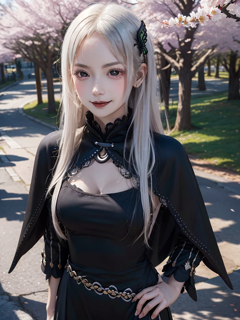 masterpiece,  top quality ,  high definition , ,  long hair, White Hair,  hair accessories ,  brown eyes, chest, The black capelet ,  long dress ,   black dress,  Long Sleeve ,  vertical stripes, smile,   open mouse ,  standing with different breasts ,  cowboy shot,  in,  bend your back,  outdoors on the street at night, cherry blossoms,  turn your arms around your back ,, realistic , masterpiece,  top quality , 最 high definition , 細部まinこだわった,  soft light during the cruise,  professional lighting,  backlight,  Film Grain,  The Background Is Blurry ,  Japanese  , ( subject was taken from an oblique view, The subject is not looking at the camera:1.3), ,  upper body photo,  looks sleepy, absent-minded,  grin ,  Open Your Mouth , Beautiful and detailed eye drawing, (Droopy eyes:1.3),  dark eyes,  thin eyebrows, Draw eyelashes carefully, Eyelash extensions,  gal makeup, Orange Cheeks, ( hidden eyelid crease slightly to the side:1.3), (Gothic Summer School Uniform:1.3), (Summer Forest:1.3)