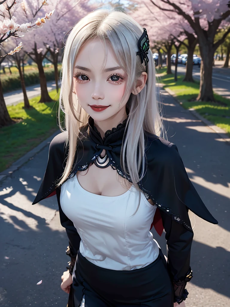 masterpiece,  top quality ,  high definition , ,  long hair, White Hair,  hair accessories ,  brown eyes, chest, The black capelet ,  long dress ,   black dress,  Long Sleeve ,  vertical stripes, smile,   open mouse ,  standing with different breasts ,  cowboy shot,  in,  bend your back,  outdoors on the street at night, cherry blossoms,  turn your arms around your back ,, realistic , masterpiece,  top quality , 最 high definition , 細部まinこだわった,  soft light during the cruise,  professional lighting,  backlight,  Film Grain,  The Background Is Blurry ,  Japanese  , ( subject was taken from an oblique view, The subject is not looking at the camera:1.3), ,  upper body photo,  looks sleepy, absent-minded,  grin ,  Open Your Mouth , Beautiful and detailed eye drawing, (Droopy eyes:1.3),  dark eyes,  thin eyebrows, Draw eyelashes carefully, Eyelash extensions,  gal makeup, Orange Cheeks, ( hidden eyelid crease slightly to the side:1.3), (Gothic Summer School Uniform:1.3), (Summer Forest:1.3)