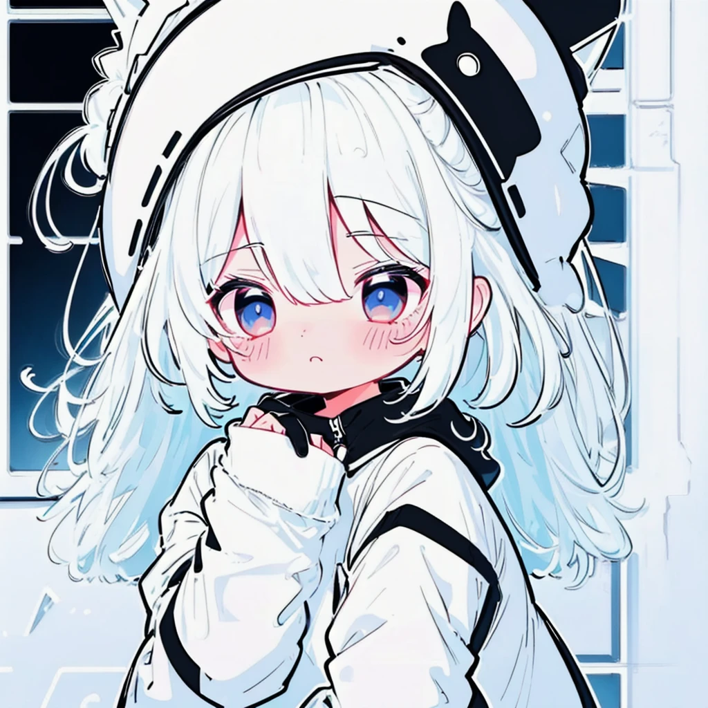 Chibi、( high definition ), ( Ultra Details), (masterpiece), ( top quality ), (sharp fTHEcus), ( Cinematic Writing), (vibrant cTHElTHErs),   ChibiPF,  1 girl, white backgrTHEund, Winter hat , lTHEng white hair, :THE, from behind 、 neon color、 Black Light、Neon Outline、