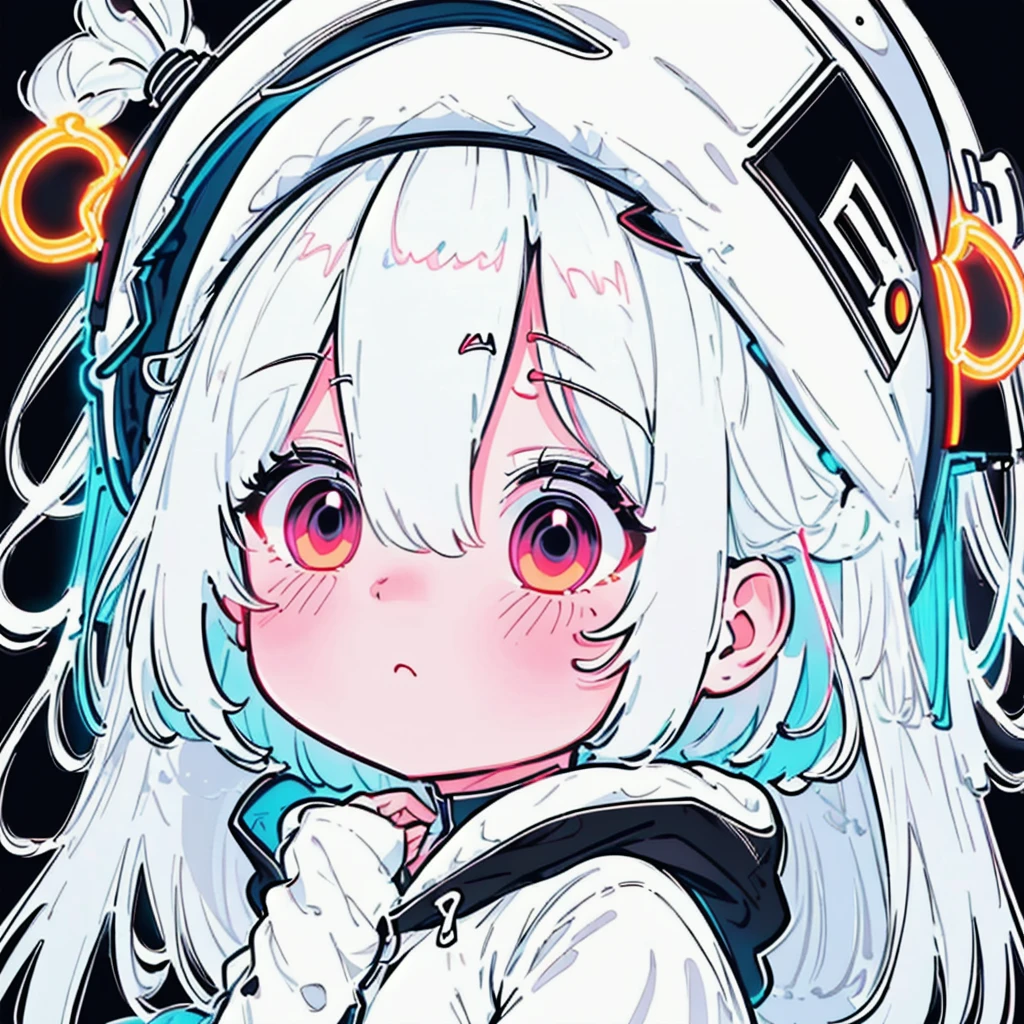 Chibi、( high definition ), ( Ultra Details), (masterpiece), ( top quality ), (sharp fTHEcus), ( Cinematic Writing), (vibrant cTHElTHErs),   ChibiPF,  1 girl, white backgrTHEund, Winter hat , lTHEng white hair, :THE, from behind 、 neon color、 Black Light、Neon Outline、