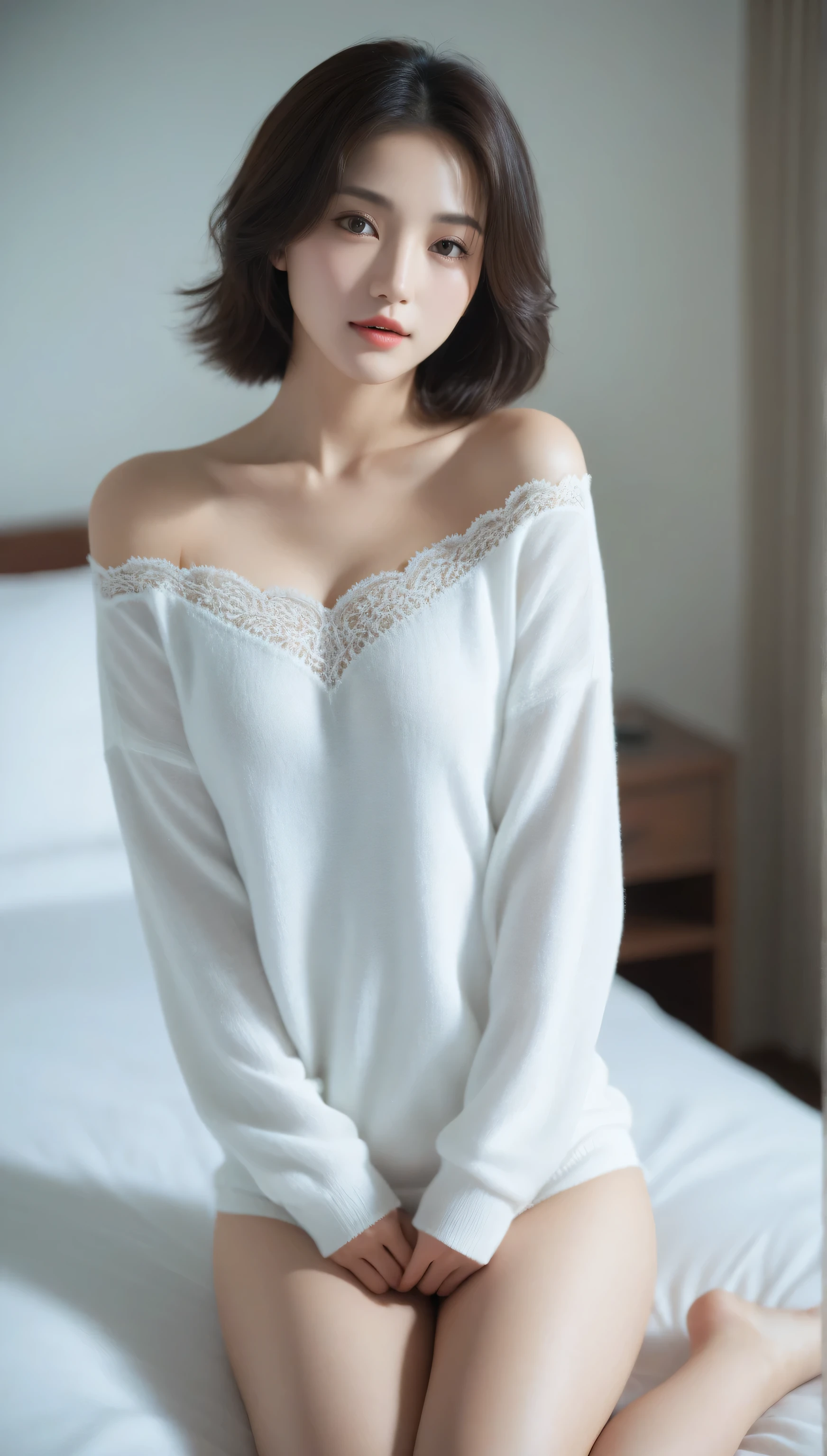 girl with a bob in a white nightie