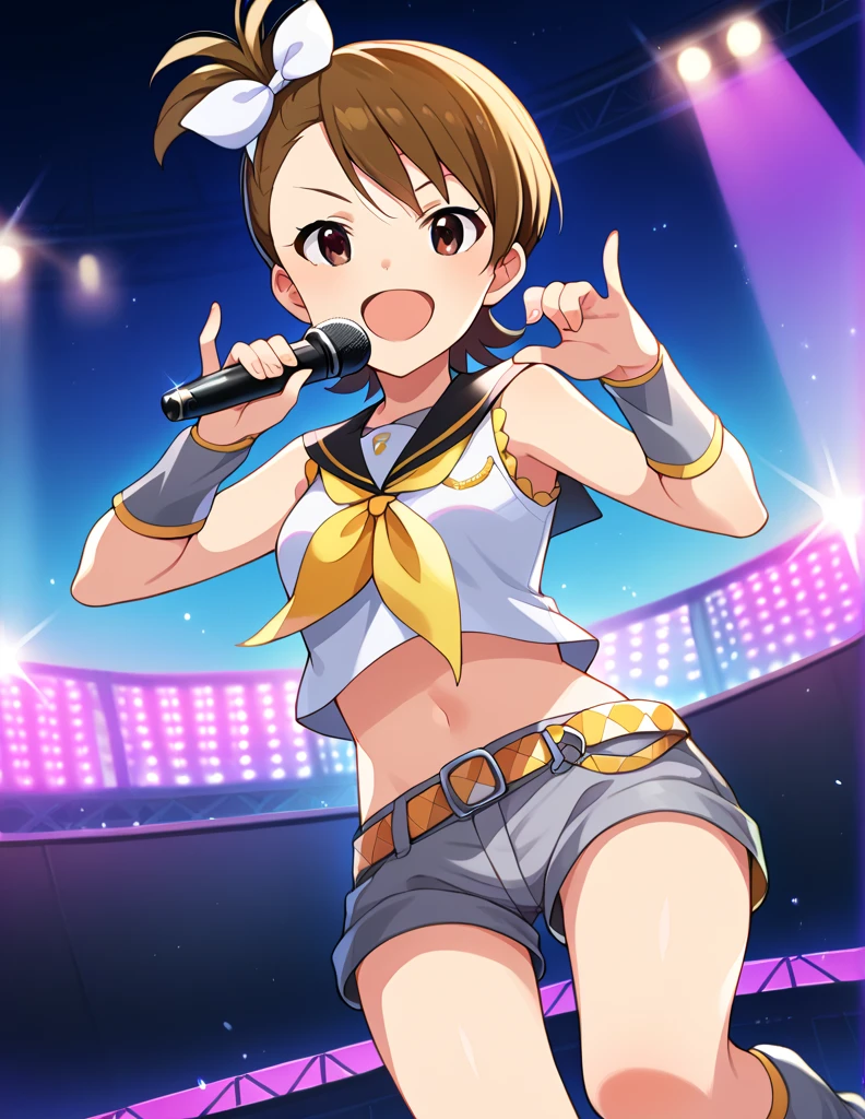 score_9, score_8_up, score_7_up, source_anime,
1girl, solo, cheerful, open mouth, smile, singing, microphone on hand, serious face, looking at viewer, on a concert stage, colorful spotlights,
ftmam, short hair, brown hair, side ponytail, bangs, brown eyes, small breasts,
rinkagaminecosplay, rin kagamine \(cosplay\), bare shoulders, belt, black sailor collar, black shorts, bow, crop top, detached sleeves, grey legwear, grey shorts, grey sleeves, hair bow, leg warmers, neckerchief, sailor collar, school uniform, shirt, short shorts, short sleeves, shorts, white bow, white footwear, white shirt, yellow neckerchief,