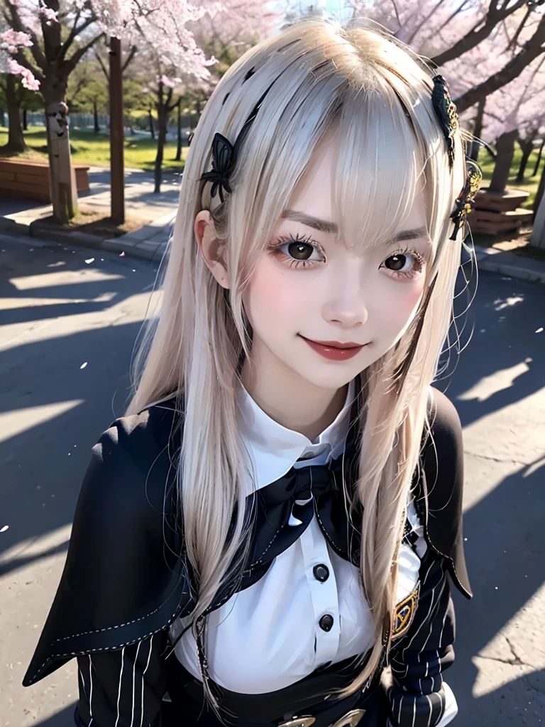 masterpiece,  top quality ,  high definition , ,  long hair, White Hair,  hair accessories ,  brown eyes, chest, The black capelet ,  long dress ,   black dress,  Long Sleeve ,  vertical stripes, smile,   open mouse ,  standing with different breasts ,  cowboy shot,  in,  bend your back,  outdoors on the street at night, cherry blossoms,  turn your arms around your back ,, realistic , masterpiece,  top quality , 最 high definition , 細部まinこだわった,  soft light during the cruise,  professional lighting,  backlight,  Film Grain,  The Background Is Blurry ,  Japanese  , ( subject was taken from an oblique view, The subject is not looking at the camera:1.3), ,  upper body photo,  looks sleepy, absent-minded,  grin ,  Open Your Mouth , Beautiful and detailed eye drawing, (Droopy eyes:1.3),  dark eyes,  thin eyebrows, Draw eyelashes carefully, Eyelash extensions,  gal makeup, Orange Cheeks, ( hidden eyelid crease slightly to the side:1.3), (Gothic Summer School Uniform:1.3), (Summer Forest:1.3)