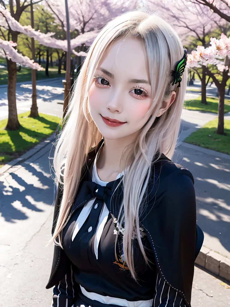 masterpiece,  top quality ,  high definition , ,  long hair, White Hair,  hair accessories ,  brown eyes, chest, The black capelet ,  long dress ,   black dress,  Long Sleeve ,  vertical stripes, smile,   open mouse ,  standing with different breasts ,  cowboy shot,  in,  bend your back,  outdoors on the street at night, cherry blossoms,  turn your arms around your back ,, realistic , masterpiece,  top quality , 最 high definition , 細部まinこだわった,  soft light during the cruise,  professional lighting,  backlight,  Film Grain,  The Background Is Blurry ,  Japanese  , ( subject was taken from an oblique view, The subject is not looking at the camera:1.3), ,  upper body photo,  looks sleepy, absent-minded,  grin ,  Open Your Mouth , Beautiful and detailed eye drawing, (Droopy eyes:1.3),  dark eyes,  thin eyebrows, Draw eyelashes carefully, Eyelash extensions,  gal makeup, Orange Cheeks, ( hidden eyelid crease slightly to the side:1.3), (Gothic Summer School Uniform:1.3), (Summer Forest:1.3)