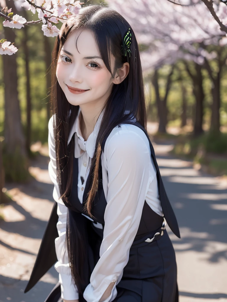 masterpiece,  top quality ,  high definition , ,  long hair, White Hair,  hair accessories ,  brown eyes, chest, The black capelet ,  long dress ,   black dress,  Long Sleeve ,  vertical stripes, smile,   open mouse ,  standing with different breasts ,  cowboy shot,  in,  bend your back,  outdoors on the street at night, cherry blossoms,  turn your arms around your back ,, realistic , masterpiece,  top quality , 最 high definition , 細部まinこだわった,  soft light during the cruise,  professional lighting,  backlight,  Film Grain,  The Background Is Blurry ,  Japanese  , ( subject was taken from an oblique view, The subject is not looking at the camera:1.3), ,  upper body photo,  looks sleepy, absent-minded,  grin ,  Open Your Mouth , Beautiful and detailed eye drawing, (Droopy eyes:1.3),  dark eyes,  thin eyebrows, Draw eyelashes carefully, Eyelash extensions,  gal makeup, Orange Cheeks, ( hidden eyelid crease slightly to the side:1.3), (Gothic Summer School Uniform:1.3), (Summer Forest:1.3)