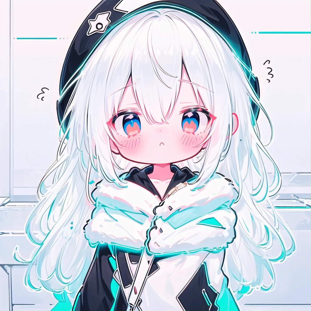 Chibi、( high definition ), ( Ultra Details), (masterpiece), ( top quality ), (sharp fTHEcus), ( Cinematic Writing), (vibrant cTHElTHErs),   ChibiPF,  1 girl, white backgrTHEund, Winter hat , lTHEng white hair, :THE, from behind 、 neon color、 Black Light、Neon Outline、