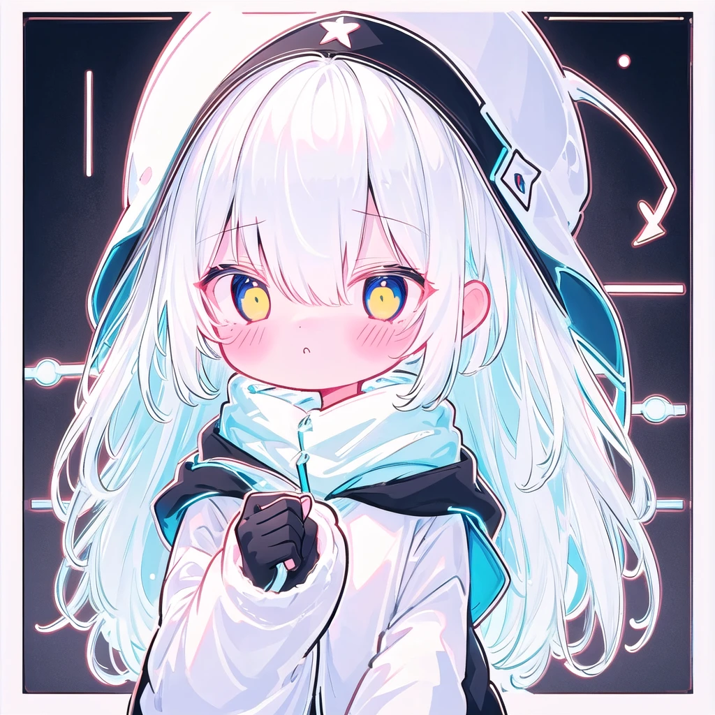 Chibi、( high definition ), ( Ultra Details), (masterpiece), ( top quality ), (sharp fTHEcus), ( Cinematic Writing), (vibrant cTHElTHErs),   ChibiPF,  1 girl, white backgrTHEund, Winter hat , lTHEng white hair, :THE, from behind 、 neon color、 Black Light、Neon Outline、