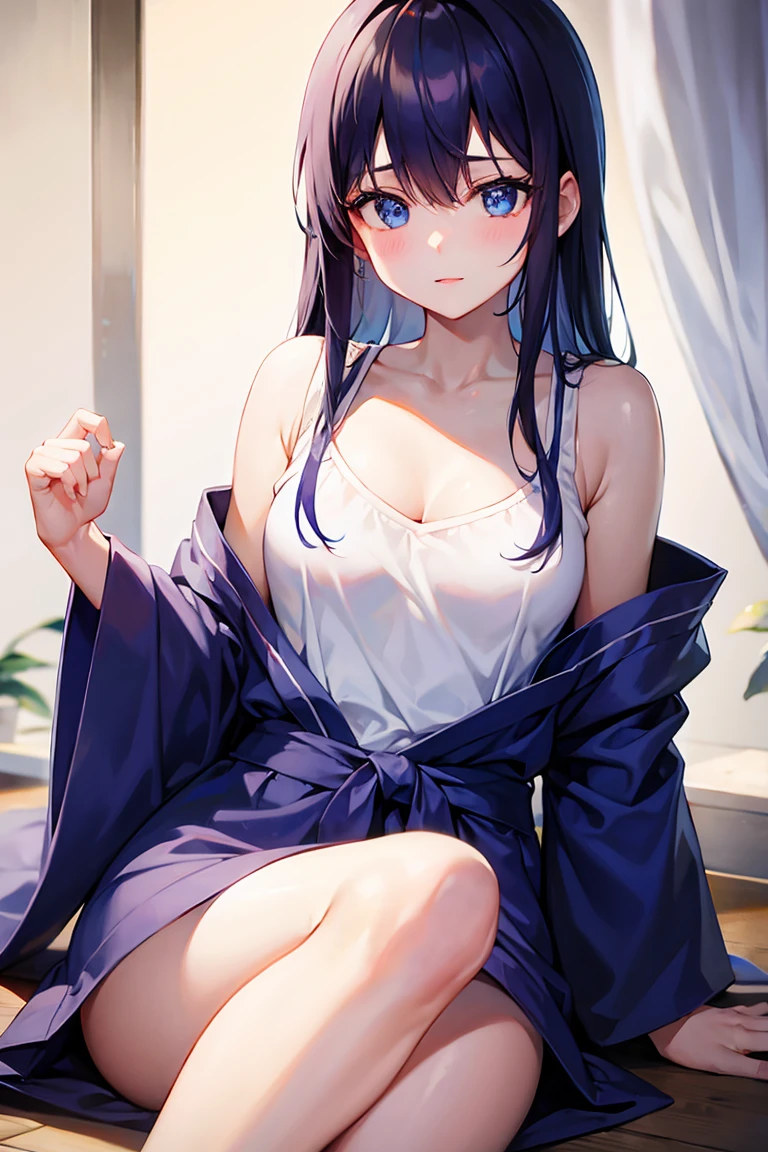 top-quality、Top image quality、masterpiece、teens girl((18year old、 Ager、Best Bust、Medium bust,wide open breast tea、light blue eyerest, Black and light blue hair、A slender,Large valleys、dye one's cheeks red、disheveled black yukata、stand up、Being drunk、Bright red in the face、Disheveled clothes、wave her hand、goodbye)),hiquality、Beautiful Art、Background with((In front of the entrance of the inn))masutepiece、depth of fields、movie、