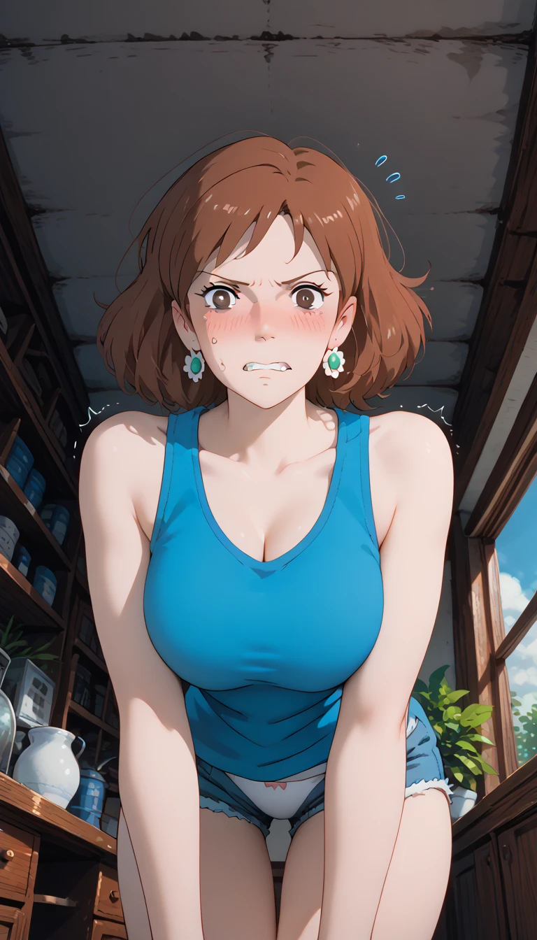 Ghibli_style source_anime anime_coloring (Nausicaa,1girl,brown hair,　medium hair,　brown eyes, breasts, Nausicaa,1girl,brown hair,　medium hair,　brown eyes, breasts, earrings, (blue tank top:1.5),, , Big Breasts)　 4K Masterpiece Top Quality High Definition:  super resolution super detailed, (standing:1.5)(inner thigh:1.6) (cowboy shot:1.5 ) throw　(from side:1.5) (daisy duke shorts pull down:1.3) (leaning forward:1.5) (white panties:1.3)(looking at viewer:1.5)(worm view:1.5)　(no pupils:1.3)(narrowed eyes:1.5) (withdrawn face:1.5) (clenched teeth:1.3) (wavy mouth:1.2) (disgust:1.2) (troubled eyebrows:1.0) (1girl) ,nose blush (embarrassed,blush:1.5) (trembling:1.0) (feeling weak:1.3)