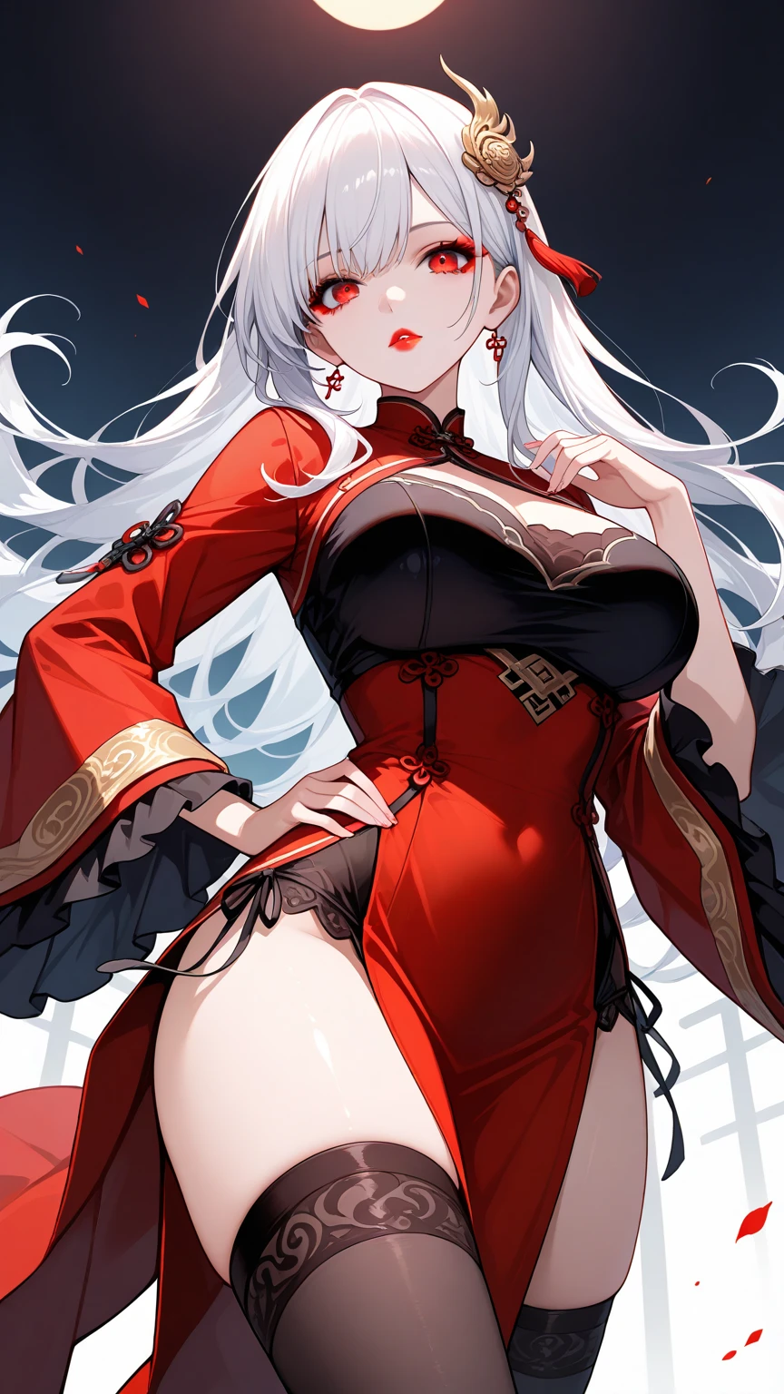 1girl, solo, long hair, breasts, looking at viewer, large breasts, hair ornament, red eyes, thighhighs, long sleeves, dress, white hair, thighs, cowboy shot, black thighhighs, wide sleeves, hand on hip, makeup, chinese clothes, from below, red dress, pelvic curtain, side slit, red lips