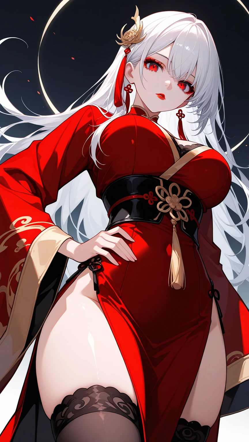 1girl, solo, long hair, breasts, looking at viewer, large breasts, hair ornament, red eyes, thighhighs, long sleeves, dress, white hair, thighs, cowboy shot, black thighhighs, wide sleeves, hand on hip, makeup, chinese clothes, from below, red dress, pelvic curtain, side slit, red lips