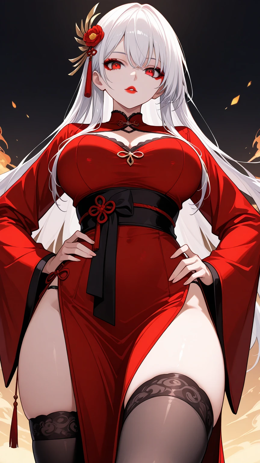 1girl, solo, long hair, breasts, looking at viewer, large breasts, hair ornament, red eyes, thighhighs, long sleeves, dress, white hair, thighs, cowboy shot, black thighhighs, wide sleeves, hand on hip, makeup, chinese clothes, from below, red dress, pelvic curtain, side slit, red lips