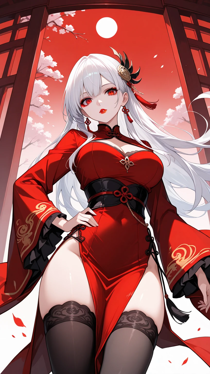 1girl, solo, long hair, breasts, looking at viewer, large breasts, hair ornament, red eyes, thighhighs, long sleeves, dress, white hair, thighs, cowboy shot, black thighhighs, wide sleeves, hand on hip, makeup, chinese clothes, from below, red dress, pelvic curtain, side slit, red lips