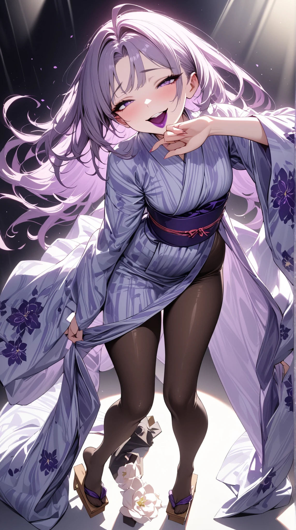  Young Beautiful Woman,(masterpiece:1.3, top quality :1.3, very detailed depiction:1.3, Incredibly Absurd Hi-Res),（Flower Girl Wearing A Japanese Style Yukata ）,(High-quality yukata, bodystocking ,geta),(Purple Eyes,, Half Closed Eyes, is opening her mouth, bewitching smile, Glossy Lipstick,Beautiful legs, healthy legs,Seductive gestures), full body image :2.0, dramatic lighting , is bathed in the spotlight ,