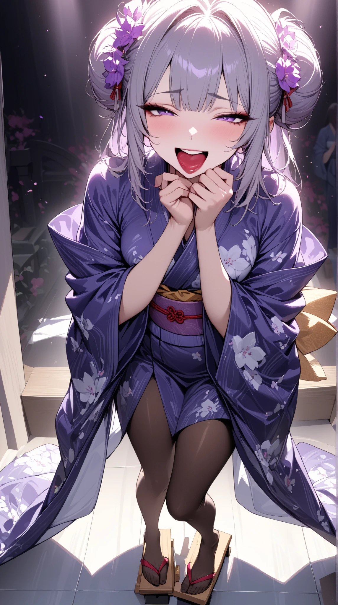  Young Beautiful Woman,(masterpiece:1.3, top quality :1.3, very detailed depiction:1.3, Incredibly Absurd Hi-Res),（Flower Girl Wearing A Japanese Style Yukata ）,(High-quality yukata, bodystocking ,geta),(Purple Eyes,, Half Closed Eyes, is opening her mouth, bewitching smile, Glossy Lipstick,Beautiful legs, healthy legs,Seductive gestures), full body image :2.0, dramatic lighting , is bathed in the spotlight ,