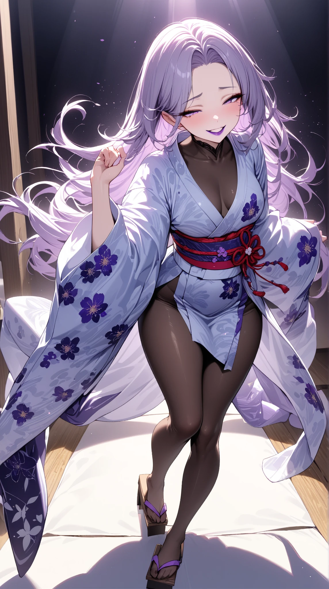  Young Beautiful Woman,(masterpiece:1.3, top quality :1.3, very detailed depiction:1.3, Incredibly Absurd Hi-Res),（Flower Girl Wearing A Japanese Style Yukata ）,(High-quality yukata, bodystocking ,geta),(Purple Eyes,, Half Closed Eyes, is opening her mouth, bewitching smile, Glossy Lipstick,Beautiful legs, healthy legs,Seductive gestures), full body image :2.0, dramatic lighting , is bathed in the spotlight ,