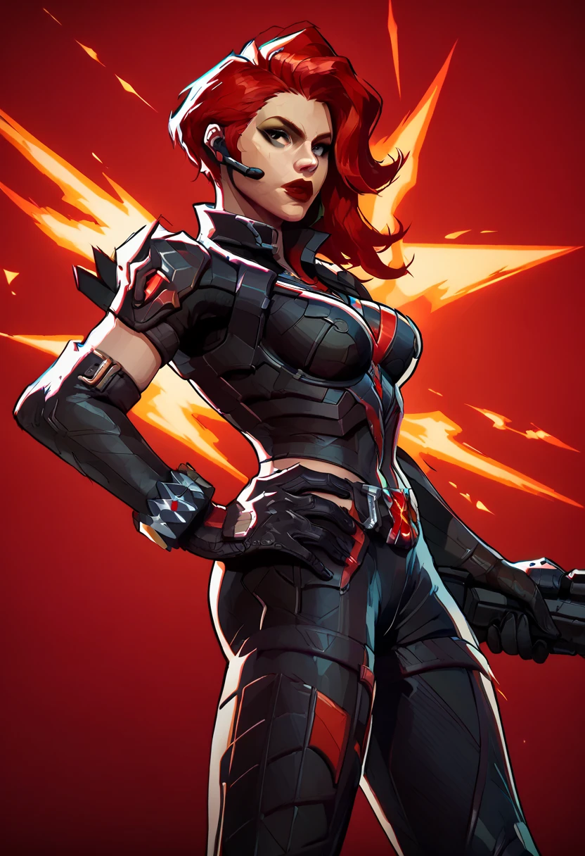 score_9, score_8_up, score_7_up, score_6_up, expressiveh, blackwidow_rivals, 1girl, solo, cowboy shot, red hair, asymmetrical hair, headset microphone, eyeliner, blue eyes, red lips, bodysuit, black bodysuit, gloves, black gloves, forearm guns, black clothes, red details, red glow, baton_(weapon), holding weapon, sniper rifle, holding sniper rifle, huge weapon, posing, hand on hips, red sparks, red background, geometric shapes, looking at viewer, geometric pattern on background
