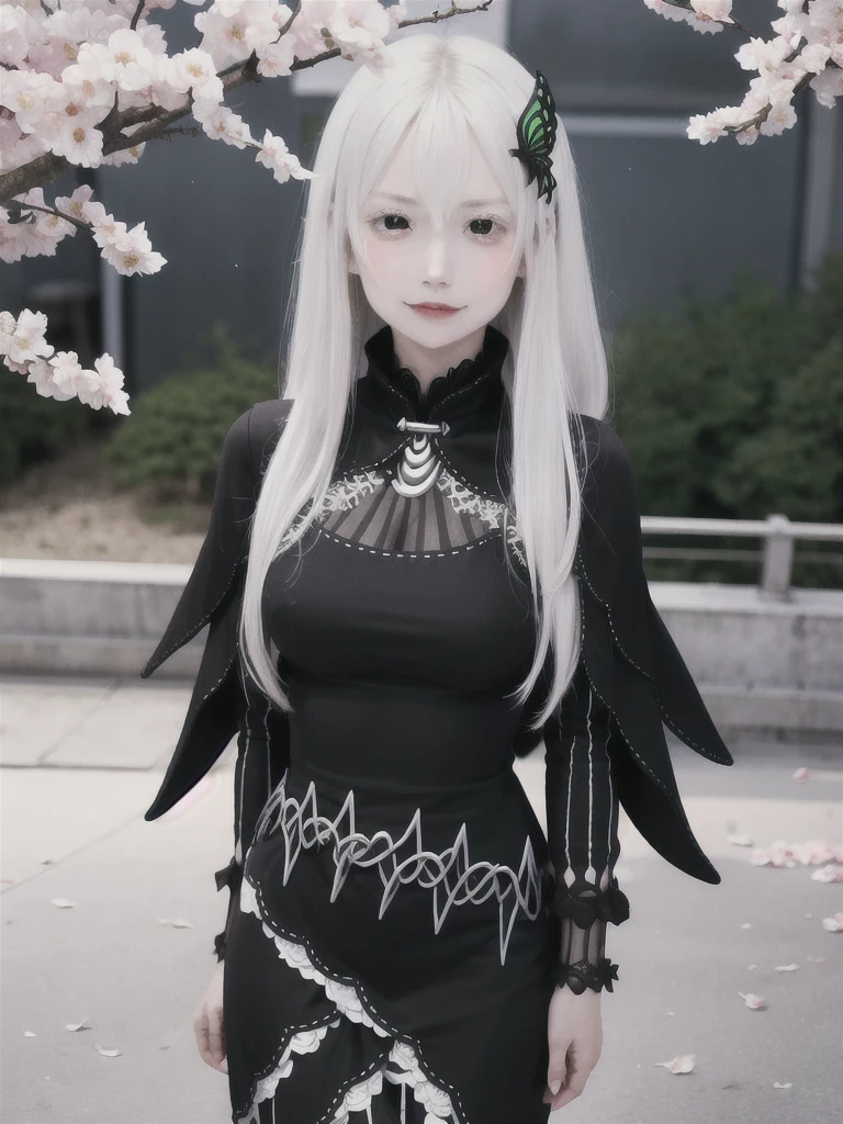 masterpiece,  top quality ,  high definition , ,  long hair, White Hair,  hair accessories ,  brown eyes, chest, The black capelet ,  long dress ,   black dress,  Long Sleeve ,  vertical stripes, smile,   open mouse ,  standing with different breasts ,  cowboy shot,  in,  bend your back,  outdoors on the street at night, cherry blossoms,  turn your arms around your back ,, realistic , masterpiece,  top quality , 最 high definition , 細部まinこだわった,  soft light during the cruise,  professional lighting,  backlight,  Film Grain,  The Background Is Blurry ,  Japanese  , ( subject was taken from an oblique view, The subject is not looking at the camera:1.3), ,  upper body photo,  looks sleepy, absent-minded,  grin ,  Open Your Mouth , Beautiful and detailed eye drawing, (Droopy eyes:1.3),  dark eyes,  thin eyebrows, Draw eyelashes carefully, Eyelash extensions,  gal makeup, Orange Cheeks, ( hidden eyelid crease slightly to the side:1.3), (Gothic Summer School Uniform:1.3), (Summer Forest:1.3)