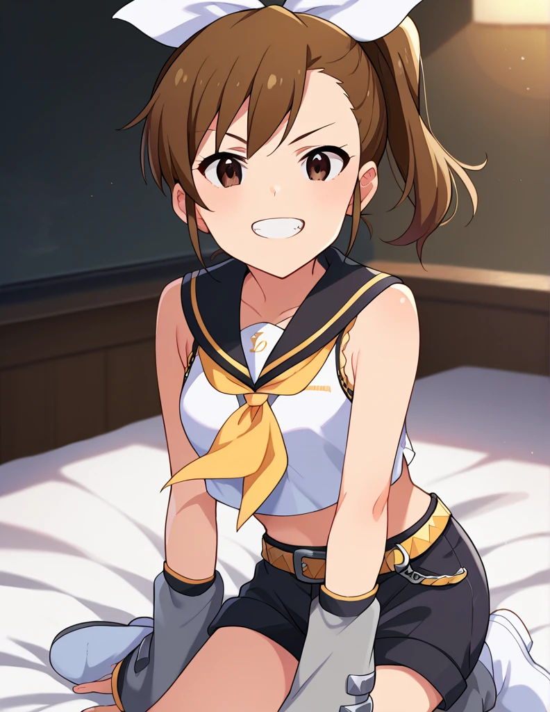 score_9, score_8_up, score_7_up, source_anime,
1girl, solo, cheerful, open mouth, smile, grin, serious face, looking at viewer, bedroom,
ftmmm, brown hair, side ponytail, high ponytail, bangs, brown eyes, small breasts,
rinkagaminecosplay, rin kagamine \(cosplay\), bare shoulders, belt, black sailor collar, black shorts, bow, crop top, detached sleeves, grey legwear, grey shorts, grey sleeves, hair bow, leg warmers, neckerchief, sailor collar, school uniform, shirt, short shorts, short sleeves, shorts, white bow, white footwear, white shirt, yellow neckerchief,