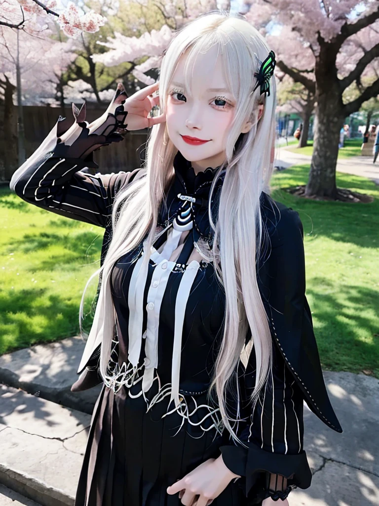 masterpiece,  top quality ,  high definition , ,  long hair, White Hair,  hair accessories ,  brown eyes, chest, The black capelet ,  long dress ,   black dress,  Long Sleeve ,  vertical stripes, smile,   open mouse ,  standing with different breasts ,  cowboy shot,  in,  bend your back,  outdoors on the street at night, cherry blossoms,  turn your arms around your back ,, realistic , masterpiece,  top quality , 最 high definition , 細部まinこだわった,  soft light during the cruise,  professional lighting,  backlight,  Film Grain,  The Background Is Blurry ,  Japanese  , ( subject was taken from an oblique view, The subject is not looking at the camera:1.3), ,  upper body photo,  looks sleepy, absent-minded,  grin ,  Open Your Mouth , Beautiful and detailed eye drawing, (Droopy eyes:1.3),  dark eyes,  thin eyebrows, Draw eyelashes carefully, Eyelash extensions,  gal makeup, Orange Cheeks, ( hidden eyelid crease slightly to the side:1.3), (Gothic Summer School Uniform:1.3), (Summer Forest:1.3)