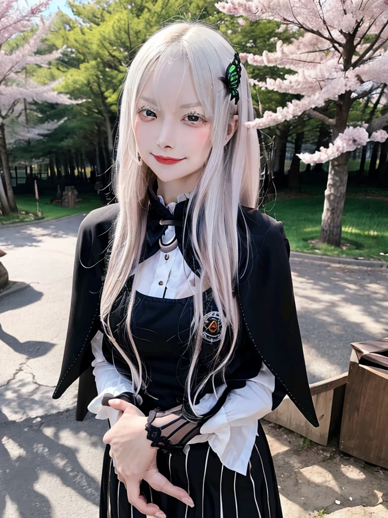 masterpiece,  top quality ,  high definition , ,  long hair, White Hair,  hair accessories ,  brown eyes, chest, The black capelet ,  long dress ,   black dress,  Long Sleeve ,  vertical stripes, smile,   open mouse ,  standing with different breasts ,  cowboy shot,  in,  bend your back,  outdoors on the street at night, cherry blossoms,  turn your arms around your back ,, realistic , masterpiece,  top quality , 最 high definition , 細部まinこだわった,  soft light during the cruise,  professional lighting,  backlight,  Film Grain,  The Background Is Blurry ,  Japanese  , ( subject was taken from an oblique view, The subject is not looking at the camera:1.3), ,  upper body photo,  looks sleepy, absent-minded,  grin ,  Open Your Mouth , Beautiful and detailed eye drawing, (Droopy eyes:1.3),  dark eyes,  thin eyebrows, Draw eyelashes carefully, Eyelash extensions,  gal makeup, Orange Cheeks, ( hidden eyelid crease slightly to the side:1.3), (Gothic Summer School Uniform:1.3), (Summer Forest:1.3)