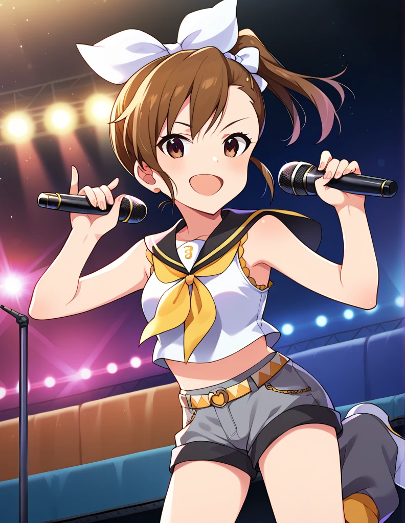 score_9, score_8_up, score_7_up, source_anime,
1girl, solo, cheerful, open mouth, smile, singing, microphone on hand, serious face, looking at viewer, on a concert stage, colorful spotlights,
ftmmm, brown hair, side ponytail, high ponytail, bangs, brown eyes, small breasts,
rinkagaminecosplay, rin kagamine \(cosplay\), bare shoulders, belt, black sailor collar, black shorts, bow, crop top, detached sleeves, grey legwear, grey shorts, grey sleeves, hair bow, leg warmers, neckerchief, sailor collar, school uniform, shirt, short shorts, short sleeves, shorts, white bow, white footwear, white shirt, yellow neckerchief,