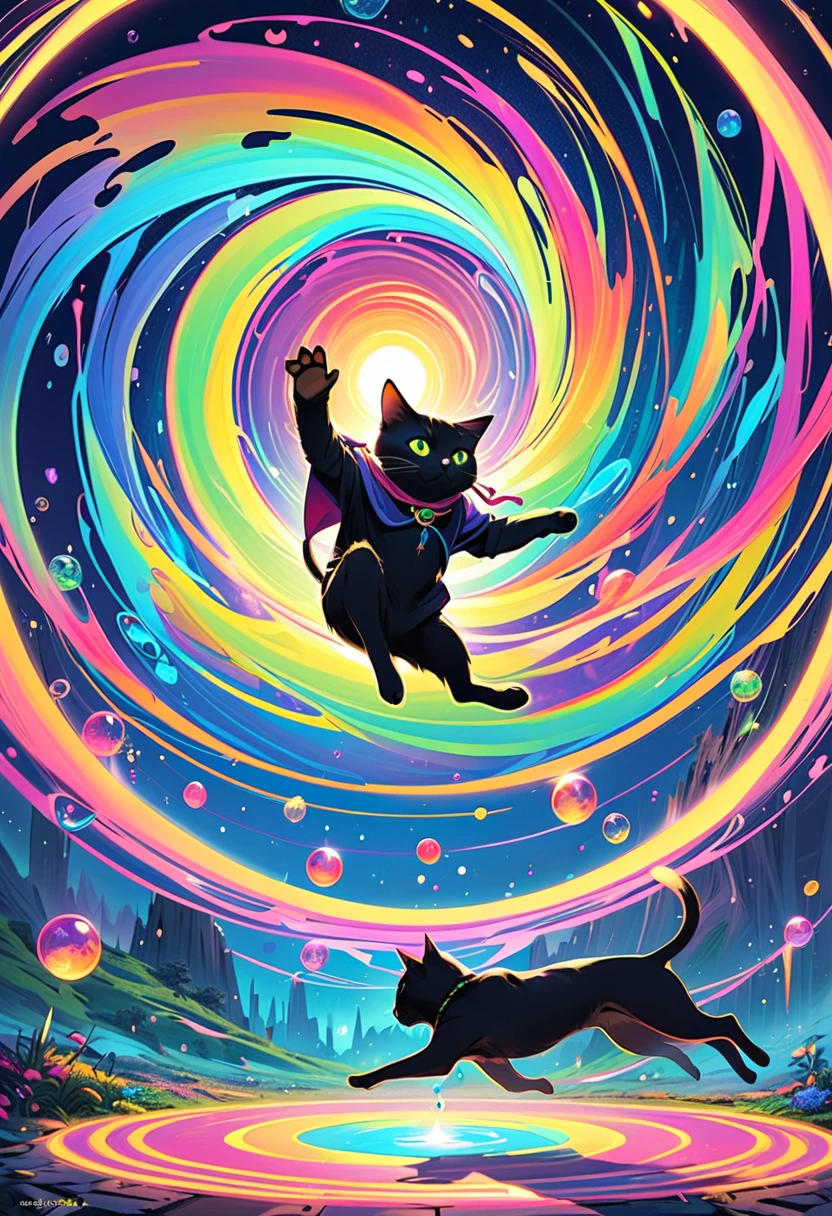  rainbow-colored bubbles rise from the fluorescent magic circle, A black cat jumps to grab it ,  fantasy art, masterpiece