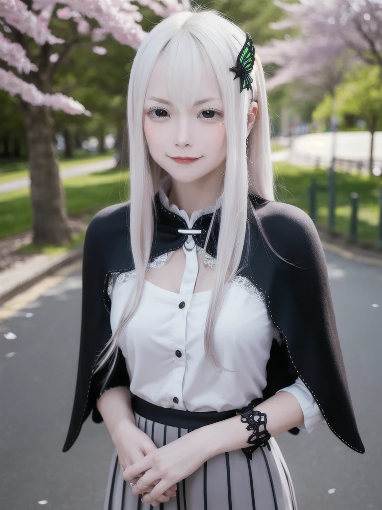 masterpiece,  top quality ,  high definition , ,  long hair, White Hair,  hair accessories ,  brown eyes, chest, The black capelet ,  long dress ,   black dress,  Long Sleeve ,  vertical stripes, smile,   open mouse ,  standing with different breasts ,  cowboy shot,  in,  bend your back,  outdoors on the street at night, cherry blossoms,  turn your arms around your back ,, realistic , masterpiece,  top quality , 最 high definition , 細部まinこだわった,  soft light during the cruise,  professional lighting,  backlight,  Film Grain,  The Background Is Blurry ,  Japanese  , ( subject was taken from an oblique view, The subject is not looking at the camera:1.3), ,  upper body photo,  looks sleepy, absent-minded,  grin ,  Open Your Mouth , Beautiful and detailed eye drawing, (Droopy eyes:1.3),  dark eyes,  thin eyebrows, Draw eyelashes carefully, Eyelash extensions,  gal makeup, Orange Cheeks, ( hidden eyelid crease slightly to the side:1.3), (Gothic Summer School Uniform:1.3), (Summer Forest:1.3)