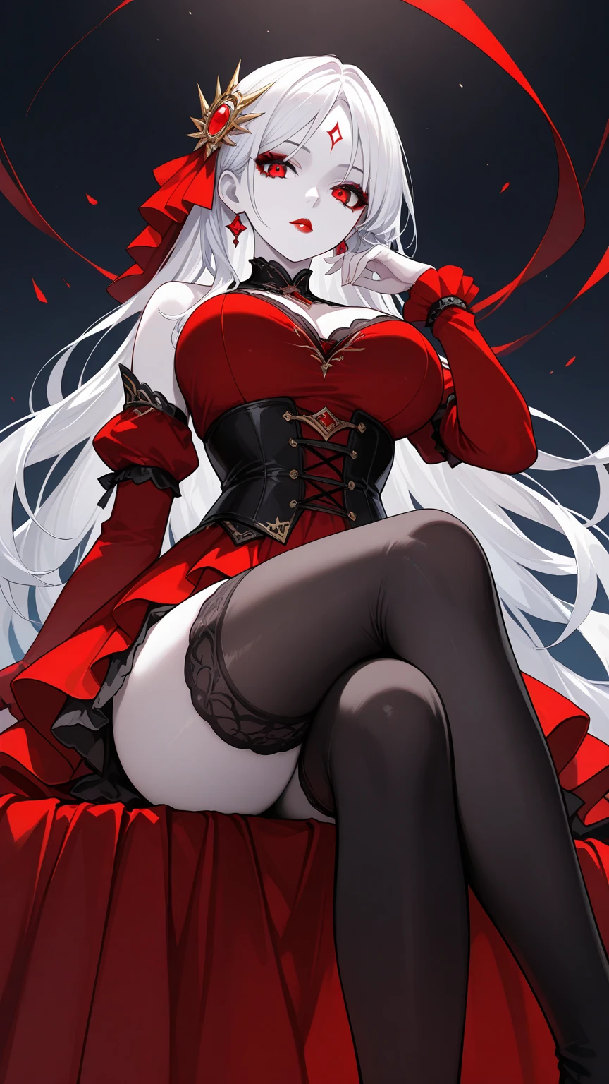 1girl, solo, long hair, breasts, looking at viewer, large breasts, hair ornament, red eyes, thighhighs, dress, bare shoulders, sitting, very long hair, white hair, thighs, detached sleeves, black thighhighs, makeup, colored skin, facial mark, from below, red dress, crossed legs, pale skin, corset, forehead mark, underbust, red lips