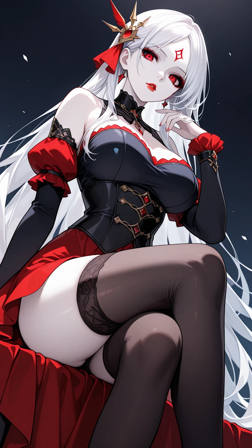 1girl, solo, long hair, breasts, looking at viewer, large breasts, hair ornament, red eyes, thighhighs, dress, bare shoulders, sitting, very long hair, white hair, thighs, detached sleeves, black thighhighs, makeup, colored skin, facial mark, from below, red dress, crossed legs, pale skin, corset, forehead mark, underbust, red lips