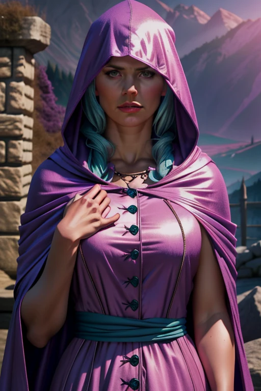 pink dress sheila, purple hooded cloak, blue buttons , aqua band, hands on the hood, ,  hoodie over the head ,  stone wall background, hooded cape,  upper body, hyper-realistic,  cinematic lighting , 8k