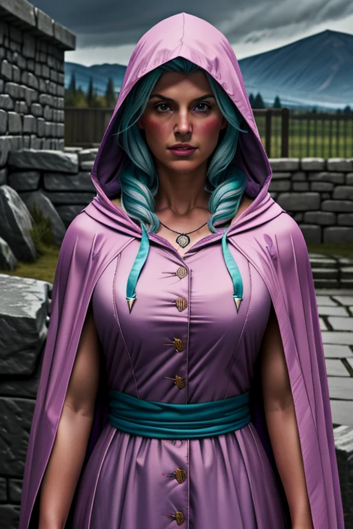 pink dress sheila, purple hooded cloak, blue buttons , aqua band, hands on the hood, ,  hoodie over the head ,  stone wall background, hooded cape,  upper body, hyper-realistic,  cinematic lighting , 8k