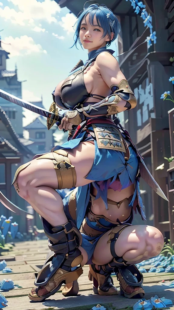  A young Japanese woman , warrior, Combat Stance, ((wielding a sword:1.3)),  very detailedな, realisti,smile, (( Looking at the subject from the front :1.2)), ((Crouching and standing up,  feet :1.3)),  Brilliant Appearance , ,Creative Action,  extremely detailed, Imaginative,  sensual, spontaneous ,  top quality ,  skin texture, ((very short hair), (blue hair), blue eyes, 引き締まった体, huge breasts,(big breasts:1.5), Big Breasts,  plump thighs,  blue armor with forgotten grass pattern engraved , leather samurai armor knight, bikini type design that emphasizes chest exposure ,((sideboob)),  wear a blue cloak with a don't forget grass flower pattern , ruffled skirt,  b blue shin guard engraved with forget grass pattern , Black high-leg underwear , White tights,  absolute domain,  Intricate Details , ((Blue sky and sun )), ((big forget-me-no petals background:1.6)), ((big forget-me-no petals:1.6)), ((big forget-me-no petals dancing in the wind:1.6)),( forget grass in full bloom ),( large forgotten herbs in full bloom are blooming in full bloom), (confetti),  RAW photos , 8k, masterpiece,  top quality , Ultra Details, very detailed,  Intricate Details , high definition ,超 Intricate Details, very detailed 8k cg wallpaper,