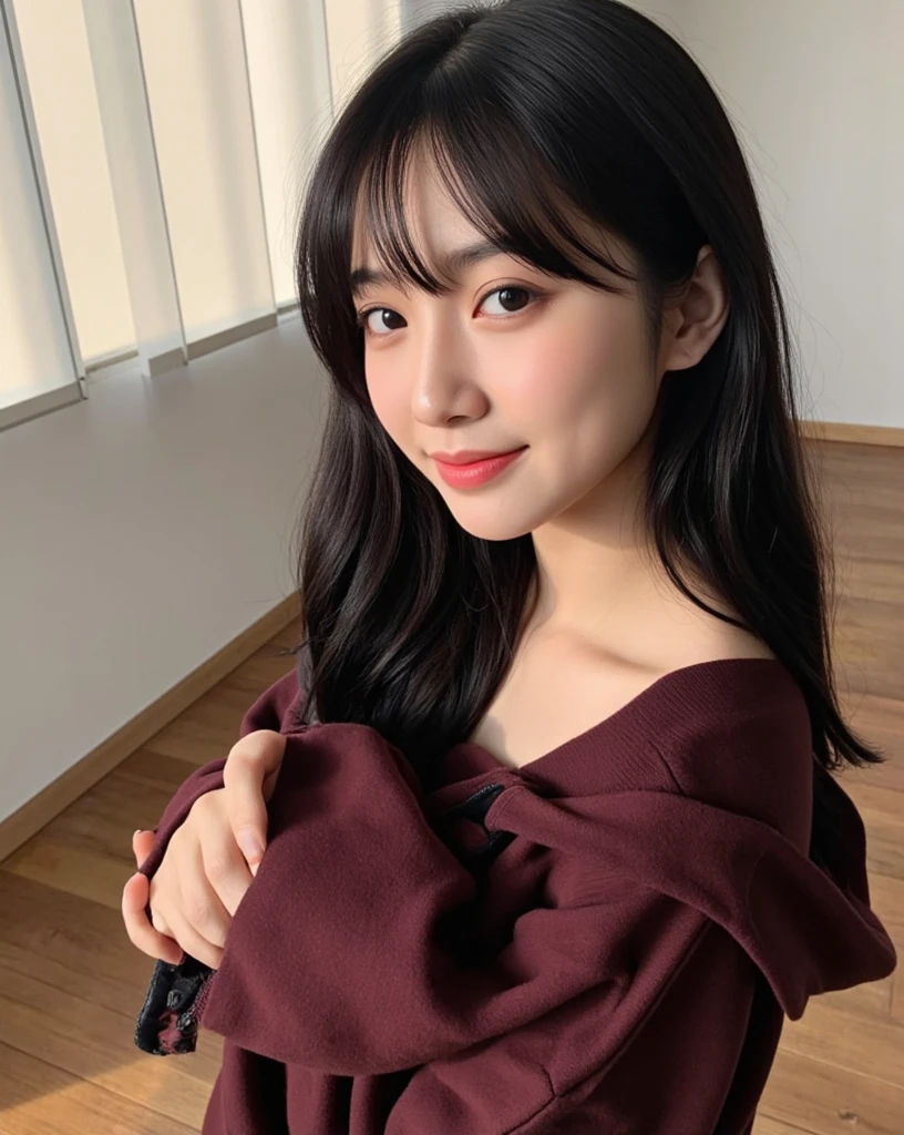 highest quality, Realistic, Very detailed, Finer details, High resolution, 8k wallpaper, One beautiful woman Standing in the house:1.3(white wall background), smile, Oversized hoodie, Skinny jeans, Black Hair, Beautiful Bangs, Perfect dynamic composition, Beautiful and detailed, A big smile waiting to start. Selfie shot.