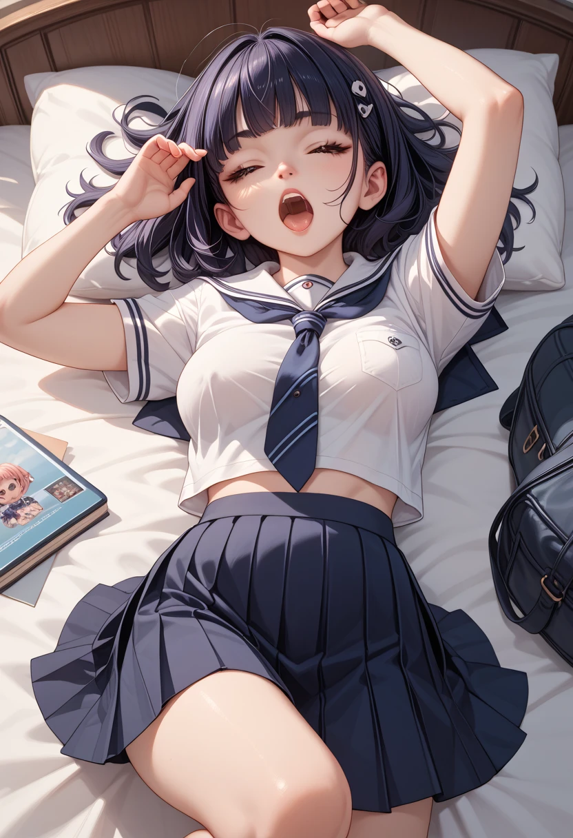 A girl with specs and so beautiful and with oval face and with warmth skin tone with a dusky skin tone, wearing a highly revealing and alluring Small little younger pre-teen short goth sister with medium perky breasts yawning in bed relaxing   school uniform

