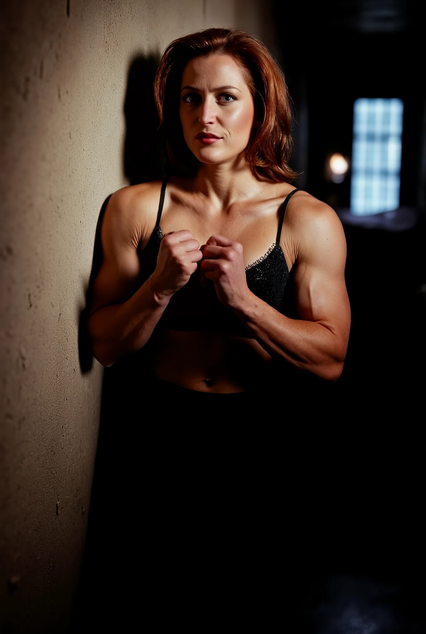 Photo realistic, movie still, Dana Scully, wet hair, smirk, wearing a black formal skirt, muscle girl, MuscleMommy, leaning against wall, dynamic pose, she is flexing 1 arm biceps. has a black lace bra revealing her (defined 6 pack abs) and generous cleavage. She stands in a decaying motel room, very dark lighting, only light source is a small bedside lamp, highlighting her (visible muscles), (biceps )and 6 pack (abs), delts/shoulders, tuny waist. View from below